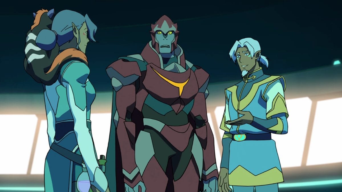 King Alfor introduces Honerva, "the best alchemist on Altea," to Zarkon. Voltron: Legendary Defender, season 3, episode 7, "The Legend Begins" (2017), © DreamWorks Animation. Still via the Voltron Wiki, used here for commentary.