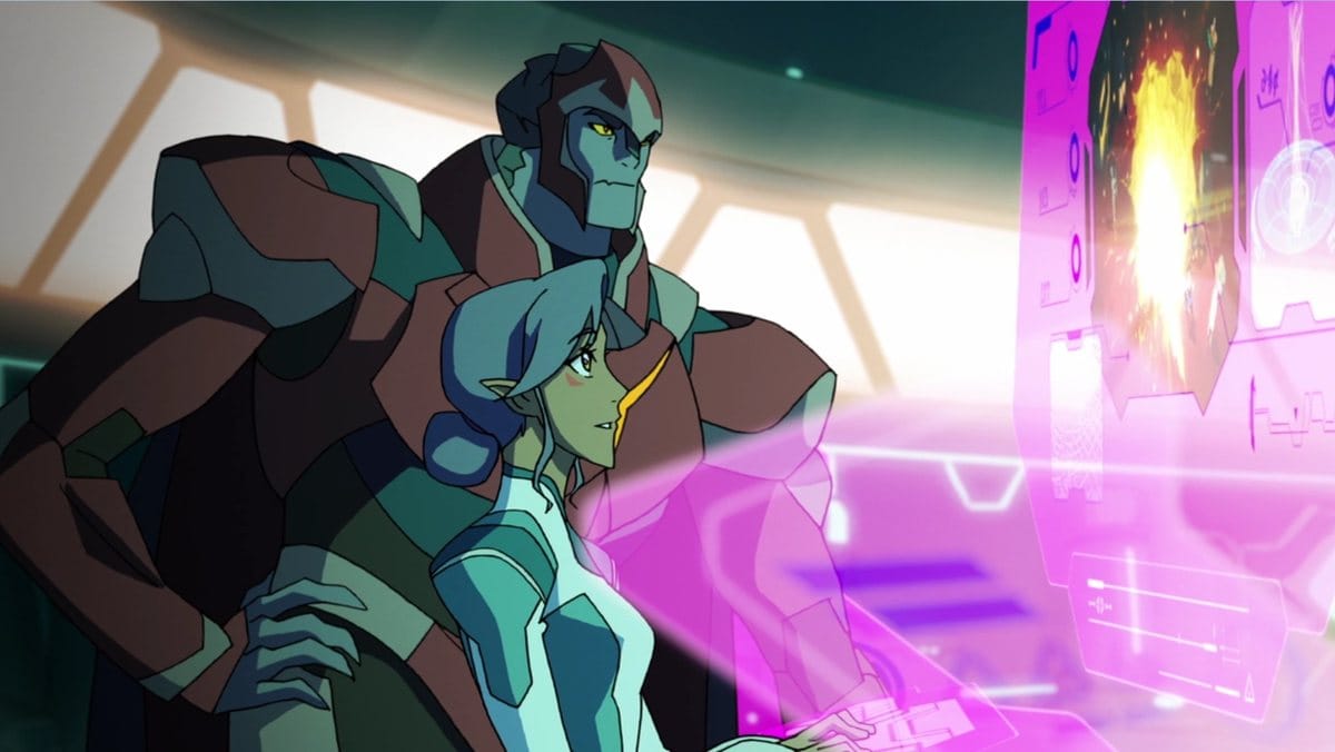 Honerva studies the rift, Zarkon at her shoulder. Voltron: Legendary Defender, season 3, episode 7, "The Legend Begins" (2017), © DreamWorks Animation. Still via the Voltron Wiki, used here for commentary.
